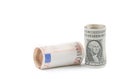 Rolled up euro and rolled up dollars banknote on white background, concept for business and save money