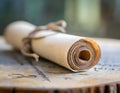 Rolled Up Piece of Paper on Wooden Table. Generative AI Royalty Free Stock Photo