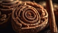 Rolled up sweet chocolate spiral on wood generated by AI