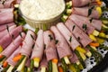 Rolled up vegetable in ham with asparagus and cheese Royalty Free Stock Photo