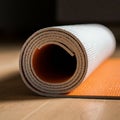 A rolled-up yoga mat with an outer white textured layer and an orange underside. The Royalty Free Stock Photo