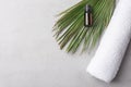 Rolled white pure cotton terry towel essential oil in dark bottle palm leaf on gray stone background. Spa wellness body skin face