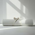 Rolled white yoga mat secured with a light beige strap, positioned on a white surface. Royalty Free Stock Photo