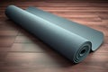 Rolled yoga pilates rubber mat inside gym studio on wooden floor AI generated