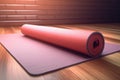 Rolled yoga pilates rubber mat inside gym studio on wooden floor AI generated