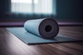 Rolled yoga pilates rubber mat inside gym studio on wooden floor AI generated