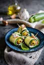 Rolled zucchini slices stuffed with bacon, cream cheese and olive Royalty Free Stock Photo