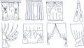Roller blinds, tulle interior elements drawn by hand sketch doodle set separately on a white background coloring drawing Royalty Free Stock Photo