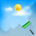 Roller brush painting blue sky with sun and clouds Royalty Free Stock Photo