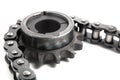 Roller chain and drive sprocket on a white background