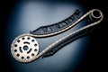 Roller chain with sprocket on dark background. It is used on cars, motorcycles, bicycles and in mechanical engineering.