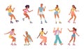 roller characetrs. cartoon minimalistic male and female characters, people skaters on rollerblades sport rollerskate