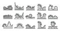 Roller coaster amusement icons set, outline style