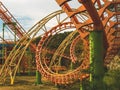 Roller coaster in the form of a spiral in the amusement park. Detail. Closeup