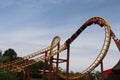 Roller coaster Goudrix close up on the train in the loop at Park Asterix, Ile de France, France