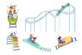 roller coaster. happy kids in amusement park riding on roller coaster fast russian mountains. Vector happy and scared Royalty Free Stock Photo