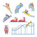 roller coaster. happy kids riding on funny attraction russian mountains fast scary rides. Vector cartoon templates Royalty Free Stock Photo