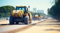 Roller compacts soil in embankment on the road\'s construction. Royalty Free Stock Photo