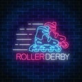 Roller derby glowing neon sign on dark brick wall background. Roller skates competition symbol in neon style Royalty Free Stock Photo