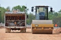 Roller machine gets refueled by fluids truck