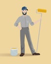 Roller painter, vector. Vector character illustration. The painter paints the walls