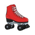 Roller skate featuring a bright red boot with white laces and silver eyelets. The skate Royalty Free Stock Photo