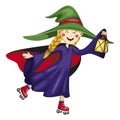Roller skate. a little girl in a witch costume skating. a big hat on her head and a lantern in her hand Royalty Free Stock Photo