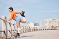 Roller skate, stretching and mockup with a girl at the promenade on a blue sky background for the weekend. Fitness Royalty Free Stock Photo