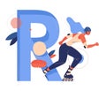 Roller skater with large letter R good for extreme sport and female school. Blue capital abc character decorated with leaves and