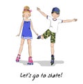 Roller skater. Skating girl, boy. Cartoon couple. Royalty Free Stock Photo