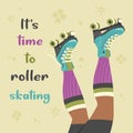 Roller skates. Legs of skater women, pink socks, sportswear. Young girl or teenager in sports shorts rollerblading. Retro poster