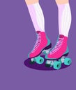 Roller Skates Neon Vector. Retro quad roller skates neon, modern trend design. Sport background. Girl in rollers Royalty Free Stock Photo