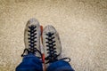 Roller skates from wearers view. Well used roller skates, equipment used for fun activity and exercise.