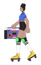 Roller skating with boombox line cartoon flat illustration