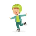 Roller skating boy, kid in rollerblades colorful character vector Illustration Royalty Free Stock Photo