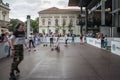 Roller skating rink with young people practising roller skate outdoors in summer in Belgrade, in movement, with a speed blur