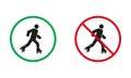 Roller Skating Warning Sign Set. No Entry On Rollerskate Symbol. Roller Skate Allowed and Prohibit Silhouette Icons