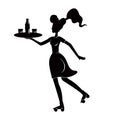 Roller waitress holding tray in hands black silhouette vector illustration