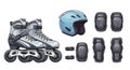 Rollerblades and protective gear including helmet, knee pads, and elbow pads Royalty Free Stock Photo