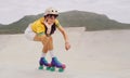 Rollerskate, extreme sports and woman with perfect sign or hand gesture in a skate park with mockup outdoors. Athlete