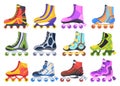 Rollerskates. Cartoon roller skates, retro footwear on wheels, kid sport shoes. Inline skates vector icons. Summer sport