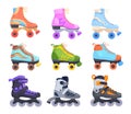Rollerskates. Cartoon roller skates, retro footwear on wheels kid sport shoes vintage disco derby 90s or 80s quad roll