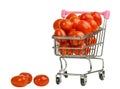 Rolley with red tomatoes isolated on white background. Close-up of metal shopping cart on wheels for food