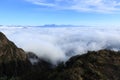 Rolling clouds and frozen mountain summits sunrise landscape