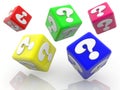 Rolling colorful cubes with question marks concept on white Royalty Free Stock Photo