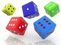 Rolling colorful dice on white