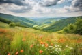 rolling countryside with blooming flowers, a colorful contrast against the green hills