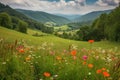 rolling countryside with blooming flowers, a colorful contrast against the green hills