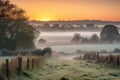 rolling countryside with misty sunrise view