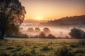 rolling countryside with misty sunrise view